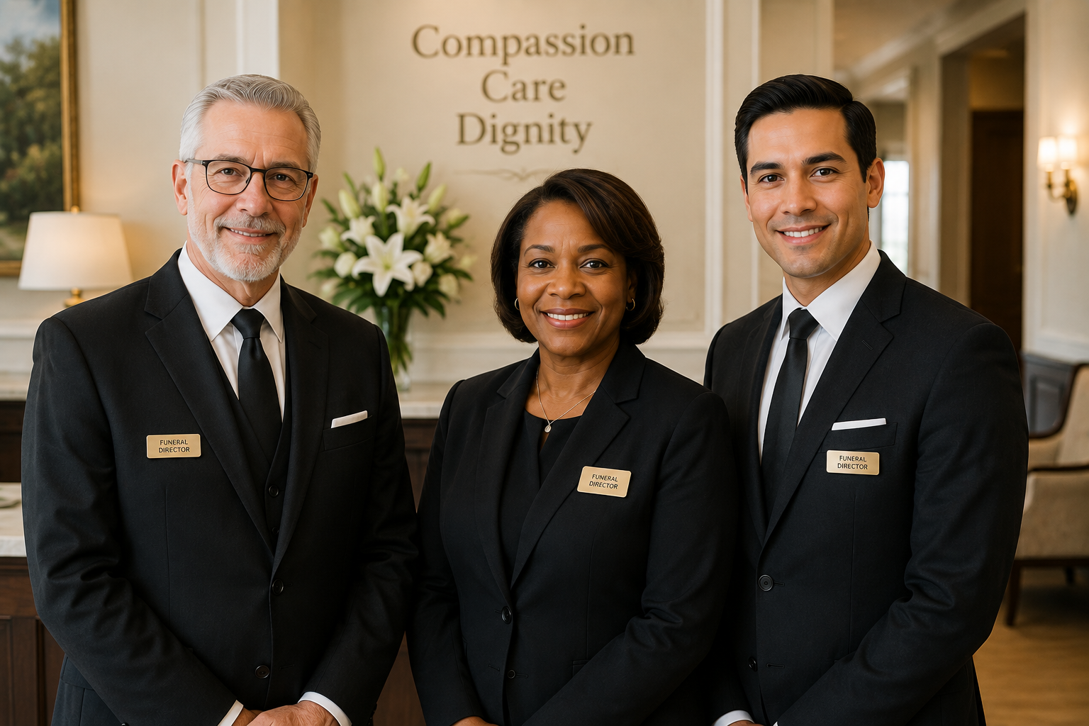 A multicultural funeral home team reviewing a memorial
