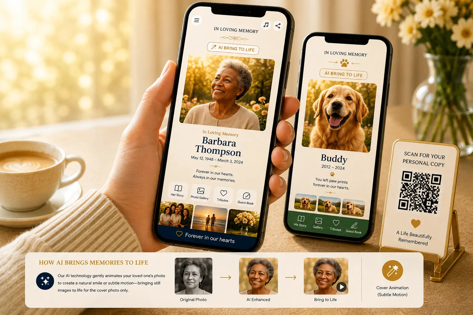 Barbara Thompson and Buddy Interactive Digital Funeral Programs & Memorial Booklets with AI Bring to Life examples and a personal-copy QR placard