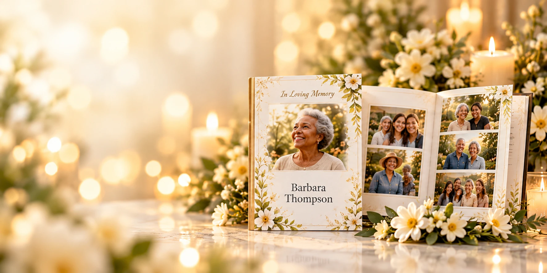 An elegant floral memorial booklet, open to treasured family photographs