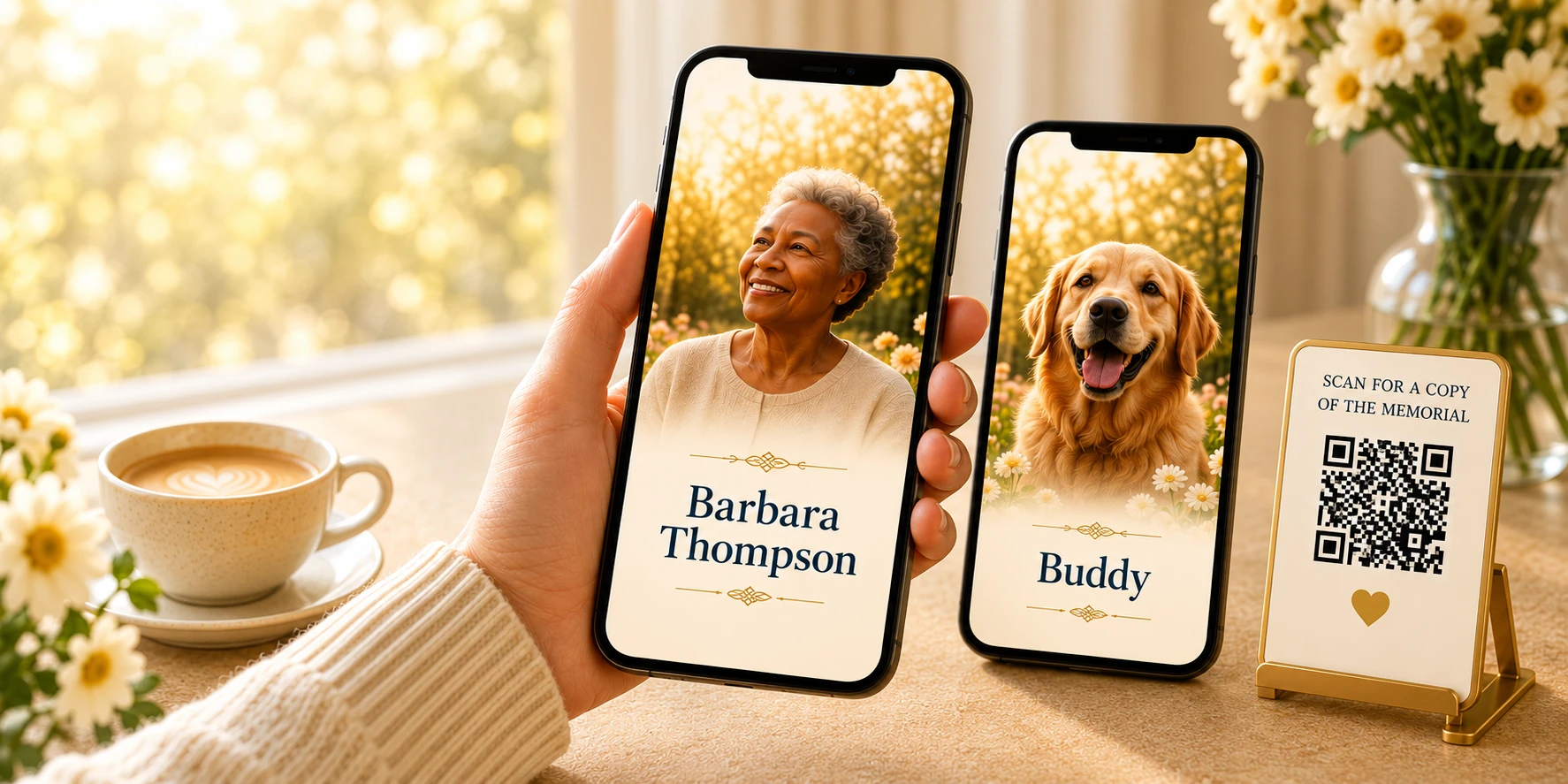 A hand holding a digital memorial beside a pet memorial and QR keepsake, white flowers and candlelight