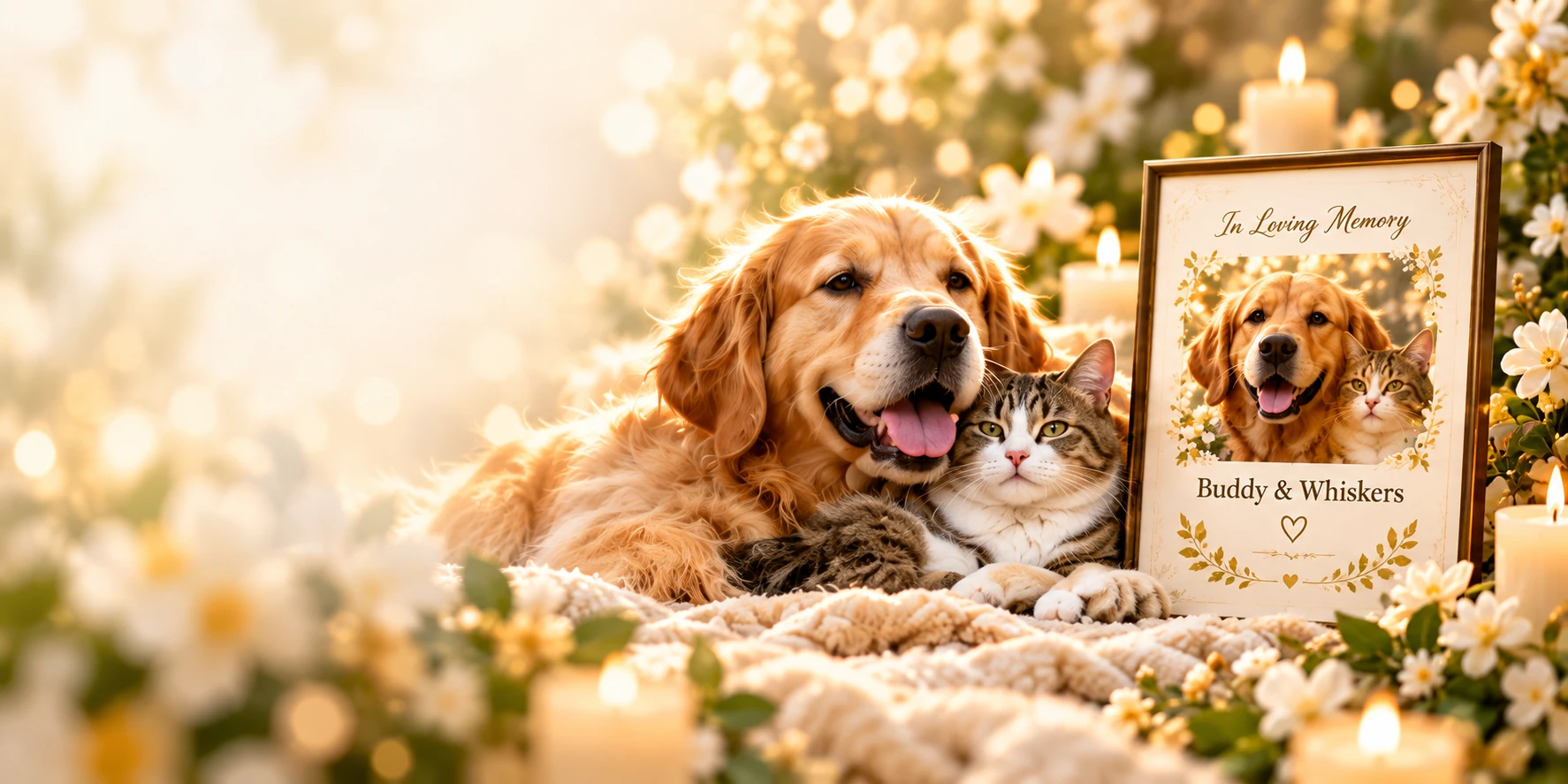 A golden retriever and cat beside a floral pet memorial keepsake